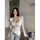 Long-sleeve Shoulder-padded Square-neck Top