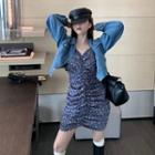 Denim Jacket / Spaghetti Strap Floral Shirred Mini Dress