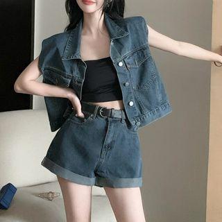 Sleeveless Single-breasted Denim Jacket / Shorts