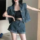 Sleeveless Single-breasted Denim Jacket / Shorts