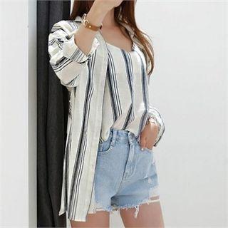 Set: Drop-shoulder Stripe Long Shirt + Camisole Top