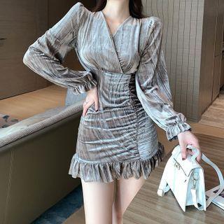 Long-sleeve Frill Hem Velvet Mini Sheath Dress