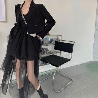 Cropped Double-breasted Blazer / Spaghetti Strap Mesh A-line Dress