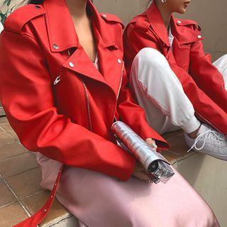 Belted Faux-leather Cropped Rider Jacket Red - One Size
