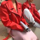 Belted Faux-leather Cropped Rider Jacket Red - One Size