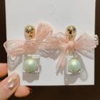 Mesh Bow Faux Pearl Dangle Earring 1 Pair - Green - One Size