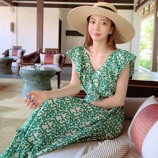 Leaf Print Sleeveless Ruffle A-line Midi Dress
