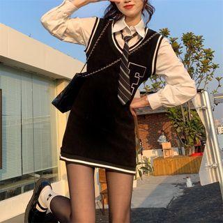 Plain Shirt / Letter Embroidered Mini Overall Dress