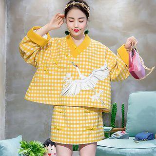 Set: Embroidered Plaid Sweatshirt + A-line Skirt
