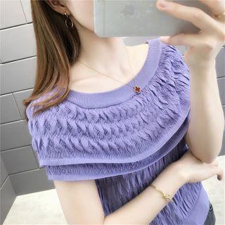 Off-shoulder Ruffled Shirred Sweater