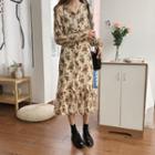 Floral Print Long-sleeve A-line Crinkle Dress