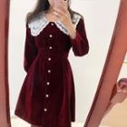 Lace Collar Button Velvet Mini A-line Dress