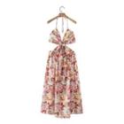 Spaghetti-strap Halter Floral Print Midi A-line Dress
