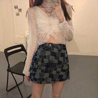 Plaid Mini Pencil Denim Skort / Long-sleeve Cropped Lace Top