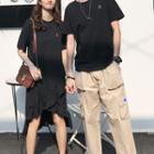 Couple Matching Letter Embroidered Short-sleeve T-shirt / Ruffle Hem Short-sleeve T-shirt Dress