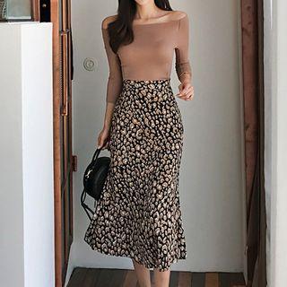 Set: Off-shoulder 3/4-sleeve Knit Top + High Waist Midi Skirt