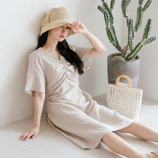 Shirred-front Tie-waist Midi Dress
