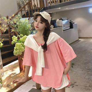 Mock Two-piece Tie-neck Short-sleeve T-shirt