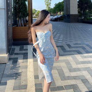 Strapless Floral Print Slit Sheath Dress