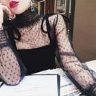 Turtleneck Long-sleeve Dotted Mesh Top