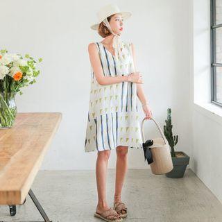 Sleeveless V-neck Patterned Linen Dress