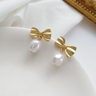 Bow Alloy Faux Pearl Dangle Earring