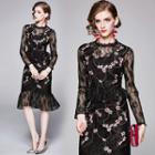 Floral Embroidered Long-sleeve Peplum Lace Dress