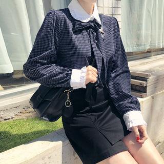 Collared Check Blouse With Tie