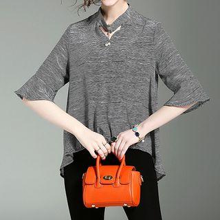 Cut Out Front Striped Elbow Sleeve Top