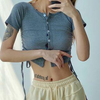 Short-sleeve Drawstring Button-up Crop Top