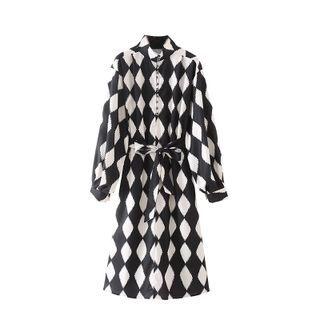 Tie-waist Argyle Print Midi A-line Shirtdress