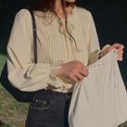 Long-sleeve Plain Tie-strap Ruffled-trim Smocked Shirt