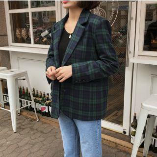Single-breasted Tartan-plaid Blazer Green - One Size