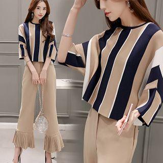 Set: Stripe 3/4 Sleeve Top + Pleated Boot Cut Pants