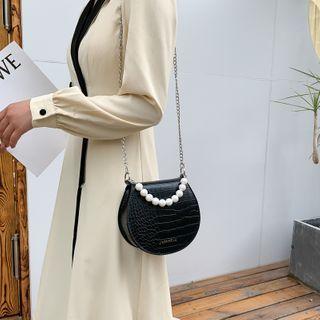 Mini Croc Grain Faux Pearl Chain Crossbody Bag