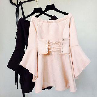 Bell-sleeve Off-shoulder A-line Faux Suede Dress