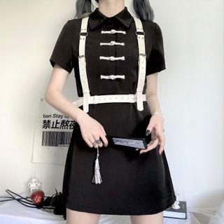 Set: Short-sleeve Frog Buttoned Dress + Harness