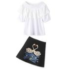 Set: Off-shoulder Top + Swan Embroidered A-line Skirt