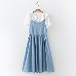 Elbow-sleeve Collared Blouse / Denim Midi A-line Overall Dress