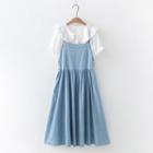 Elbow-sleeve Collared Blouse / Denim Midi A-line Overall Dress