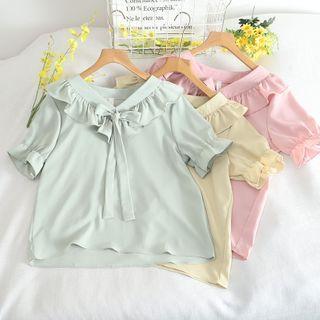 Short-sleeve Frill Trim Tie-front V-neck Blouse