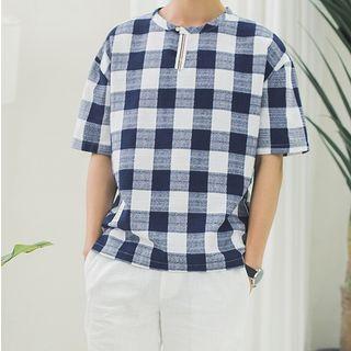 Check Linen Elbow-sleeve T-shirt
