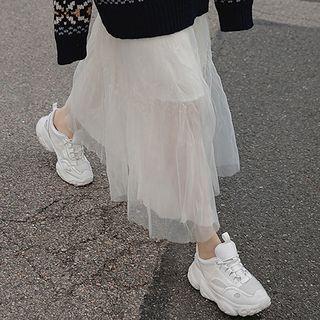 Crinkle Mesh Asymmetric Skirt Beige - One Size