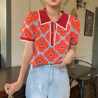 Puff-sleeve Floral Print Polo Knit Top Orange & Blue - One Size