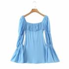 Plain Square-neck Long-sleeve Mini A-line Dress