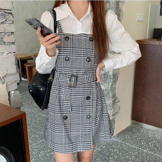 Plain Shirt / Sleeveless Double Breasted Plaid Dress