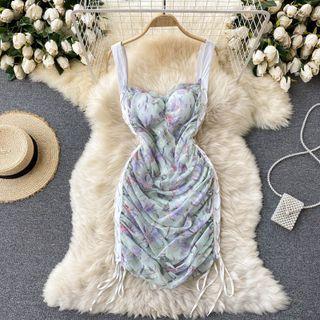 Print Drawstring Spaghetti-strap Dress