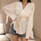 Lapel Collar Drawstring Waist Shirt White - One Size