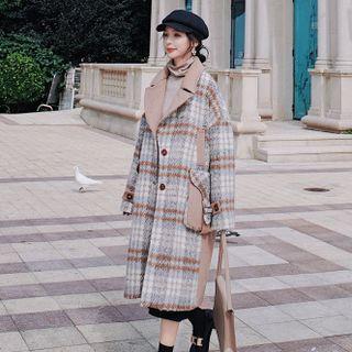 Plaid Contrast Trim Fleece Coat