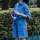 Elbow Sleeve Tie-waist Denim Romper